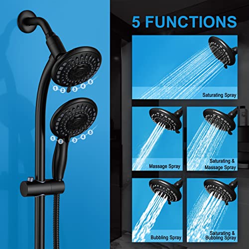 Black Handheld Showerhead & Rain Shower Combo with 27.5-Inch Steel Slide Bar, 5-Setting 5-Foot Hose