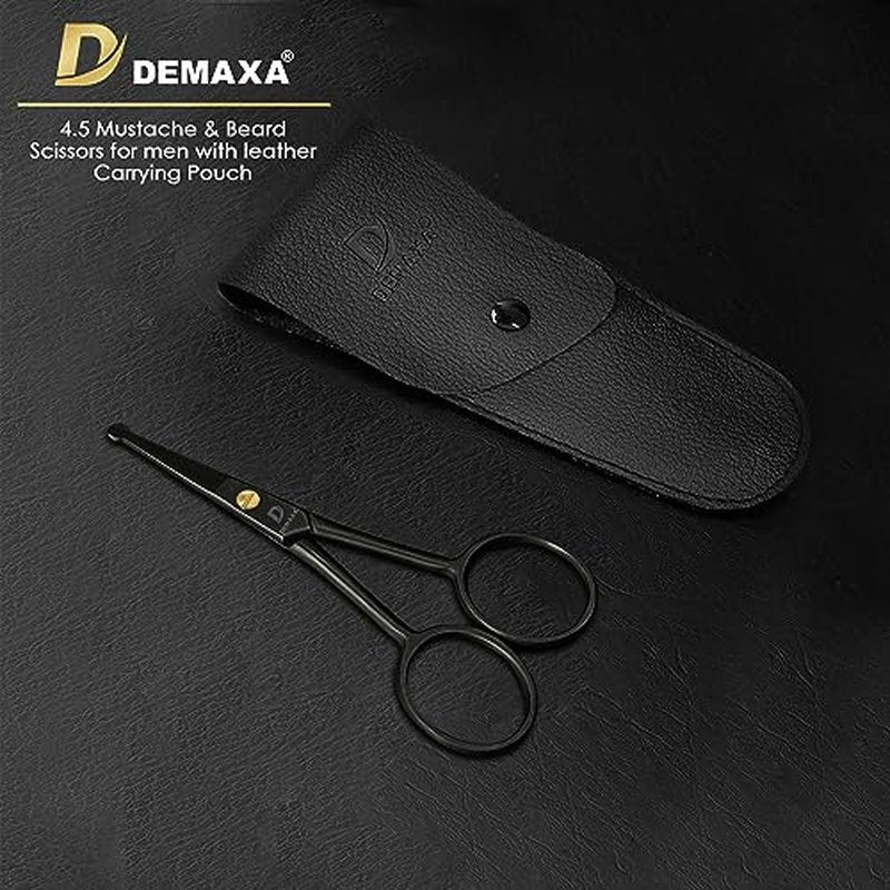 4.5" Round Tip Safety Mustache Scissors Beard Scissors with 1 Mustache Comb, 1 Beard Comb & Soft Pouch ? Best Facial Hair Shears for Beard Mustache Trimming Nose & Ear Hair