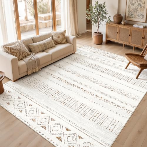 Cotiled Boho 8x10 Area Rug - Washable Moroccan Style with Neutral Light Brown/Cream