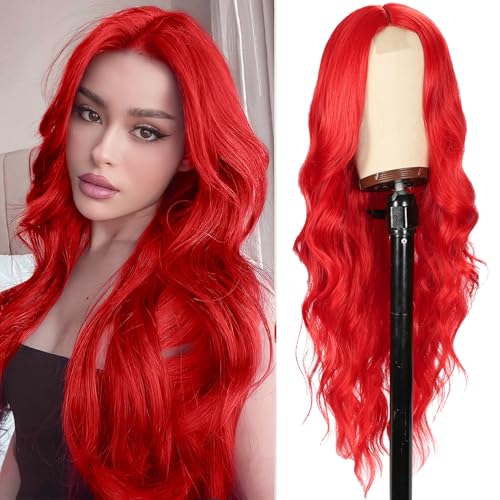 YESEGO Halloween Long Red Wigs for Women 26 Inch Curly Wavy Middle Part Body Wavy Wig Natural Looking Synthetic Heat Resistant Fiber Wig for Daily Party Cosplay Use, Red