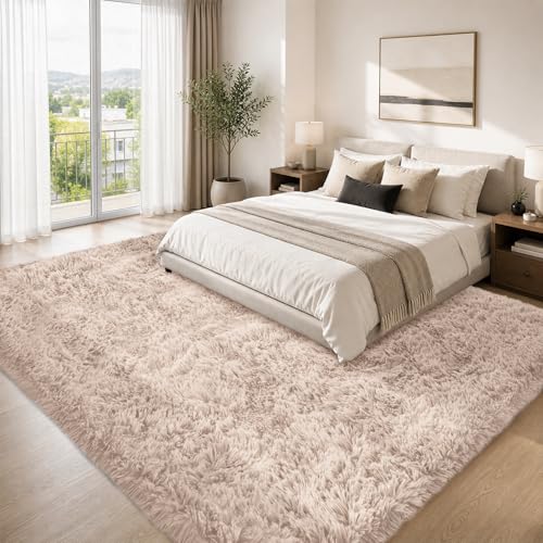 8x10 Beige Shag Area Rug - Ultra Soft Fluffy Bedroom & Living Room Carpet with Non-Slip Backing