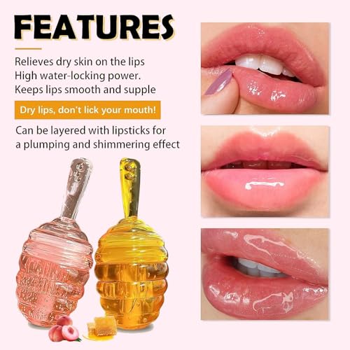 Honey Lip Oil Set, 2pcs Moisturizing Cute Lip Gloss Gift Set, Jelly Honey Lip Oil Gloss, Colorless Lip Care Oils For Very Dry Lips, Plumping & Hydrating Lip Glow Oil Lip Care Products