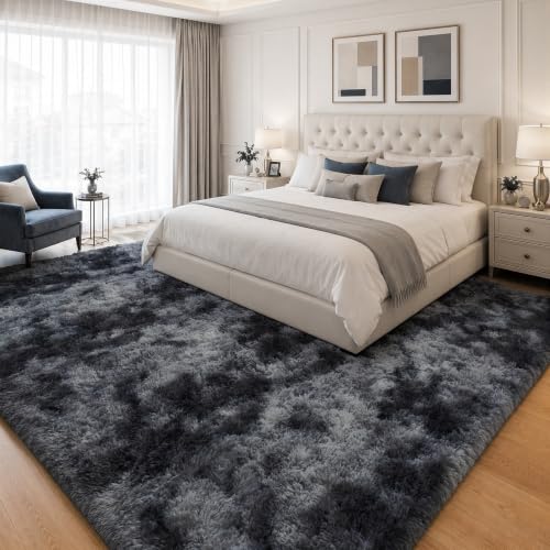 9x12 Tie-dyed Dark Grey Fluffy Shag Rug - Non-Slip Thick 9ft x 12ft Living Room