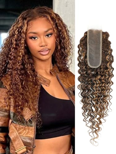 Honey Blonde Deep Wave 2x6 HD Lace Closure 10 Inch - Brown Highlight Ombre