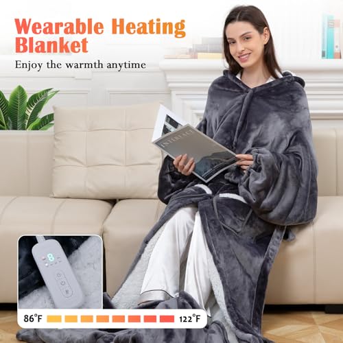 U.Seizeyes Gray Wearable Heated Blanket with Foot Pockets & Hood, 8 Heat Levels