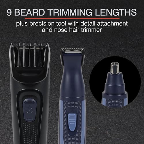 Rechargeable Beard Trimmer Kit with Nose & Detail Trimmer - Adjustable Length, Travel Pouch