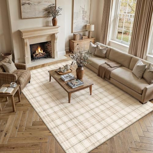 Beige 6' x 9' Checkered Living Room Area Rug - Non-Slip, Pet-Friendly