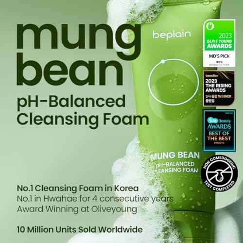 beplain Mung Bean pH-Balanced Cleansing Foam (5.4fl.oz/160ml) | Fragrance-Free | Non-Comedogenic Tested | Deep Pore Facial Cleanser | Suitable for Sensitive Skin | Face Mask Cleanser | Korean Skincare