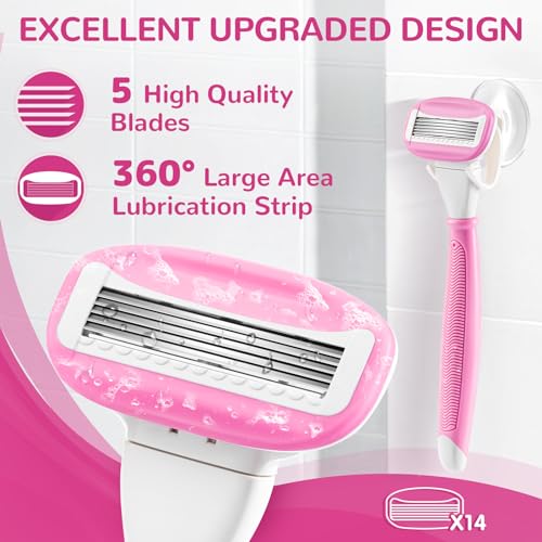 Razors for Women Include 2 Non-Slip Handles and 14 Blade Refills with a Shower Holder, 5 Premium Blades Women's Razors for Shaving with 360¡Æ Lubrication Reduces Irritation, Pink