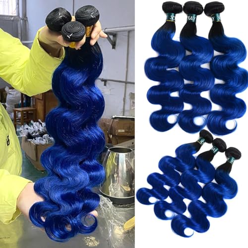 Brazilian Body Wave Ombre Hair Bundles - 1B/Blue 26 Inch Remy Human Hair