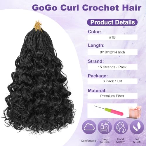 Pre-Looped Short Curly Crochet Hair 8 Packs 120 Strands - Natural Black 10 Inch - Boho Box Braids