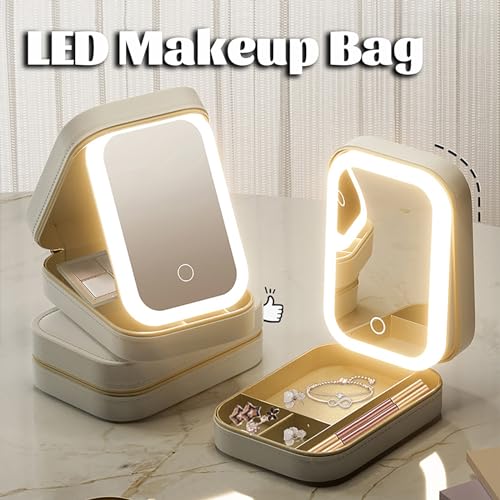 Travel Makeup Bag With Led Mirror, LED Makeup Bag, Travel Makeup Case with Led Mirror, Portable Makeup Box with Mirror and Light, Gift For Girl Women (Beige)