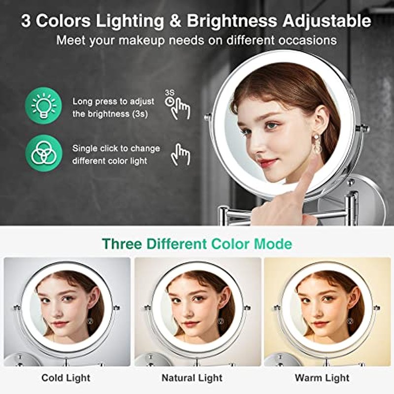 8.5 Inch Rechargeable Wall Mounted Lighted Makeup Mirror, Double-Sided 1X/10X LED Magnifying Vanity Mirror with Lights, 3 Color Lights Touch Screen Dimmable 360¡ÆSwivel 18 Inch Extendable - Chrome