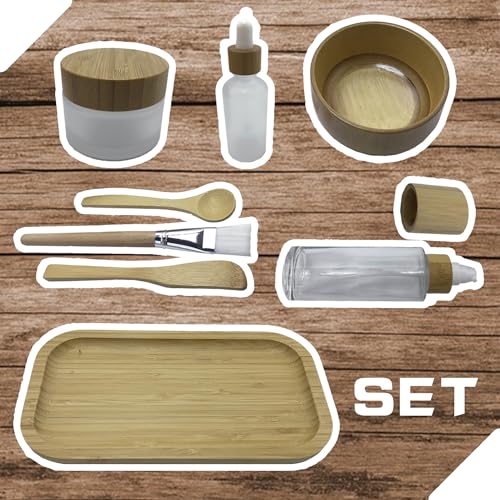 Bamboo & Glass 8 Pack Face Mask Mixing Bowl Set with Tools & Refillable Containers