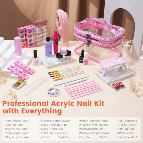 Nail Kit for Beginners with Everything: Practice Nail Hand Acrylic Set Professional Powder Liquid Starter Kits with Drill U/V Lamp in Cosmetic Gift Bag for Salon Home (Pink)