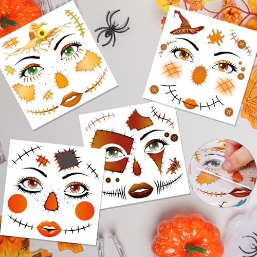 HOWAF 4 Sheets Scarecrow Face Tattoos for Halloween Scarecrow Costume, Straw Witch Sunflower Temporary Tattoos for Scarecrows Cosplay Supplies, Scarecrows Fake Tattoos Full Face Tattoo
