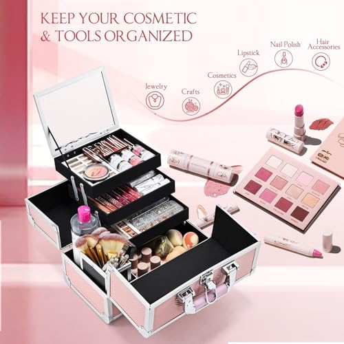 Pink Mermaid Makeup Organizer Case with Mirror & Brush Holder - 11.6"