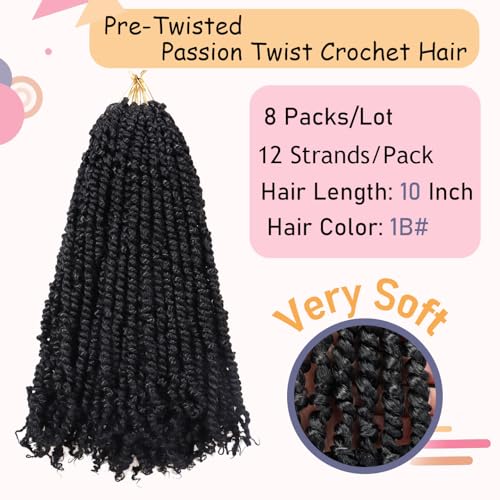 LOS MOEER 8 Pack Passion Twist Crochet Hair 10 Inch 1B Pre-Twisted Soft Lightweight