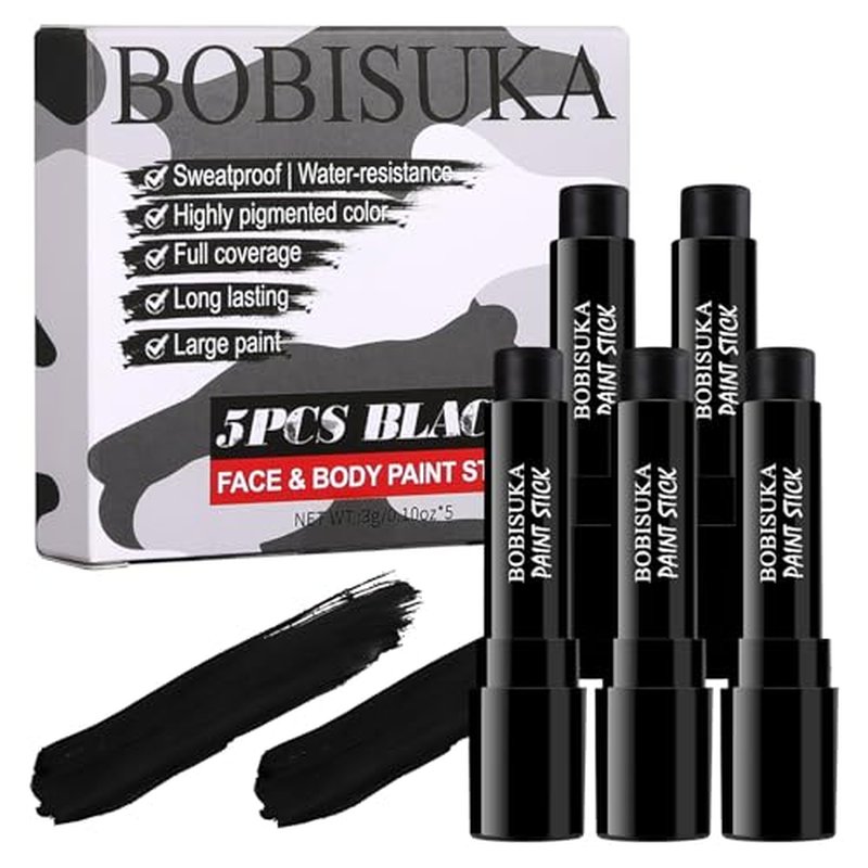 5PCS Eye Black Stick, Sports Face Body Paint for Football, Baseball, Softball ? Anti Glare Under Eye Stick ? Oil Based Black Face Painting Kit for Halloween Skull Skeleton Costume Cosplay Makeup
