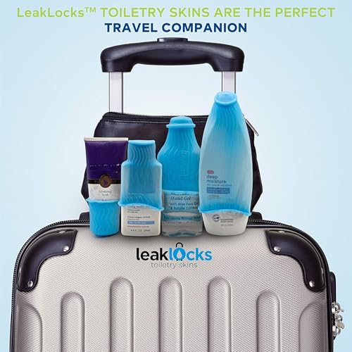 LeakLocks¢ç Toiletry Skins¢â Elastic Sleeve for Leak Proofing Travel Container in Luggage. For Standard and Travel Sized Toiletries. Reusable Accessory for Travel Bag Suitcase and Carry-on Luggage