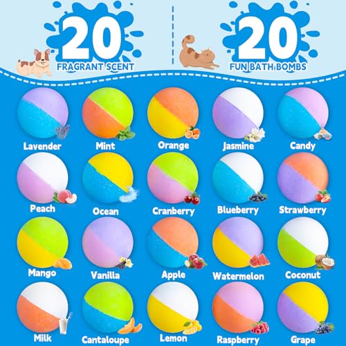 Kids Bath Bombs Set with Toys Inside - 20 Pack in Blue Green Orange Pink - Surprises & Bubble Bath Fun