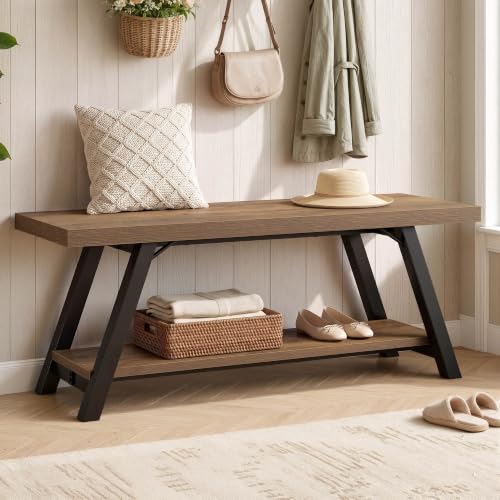 Rustic Oak Entryway Bench with Storage - 47-Inch Wooden Mudroom Bench