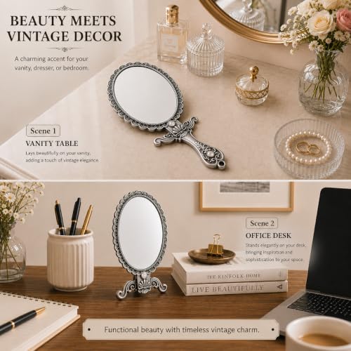 SEHAMANO Vintage Double Sided Handheld Makeup Mirror - Matte Grey (Tin) - Folding Travel & Stand Mirror with Magnification
