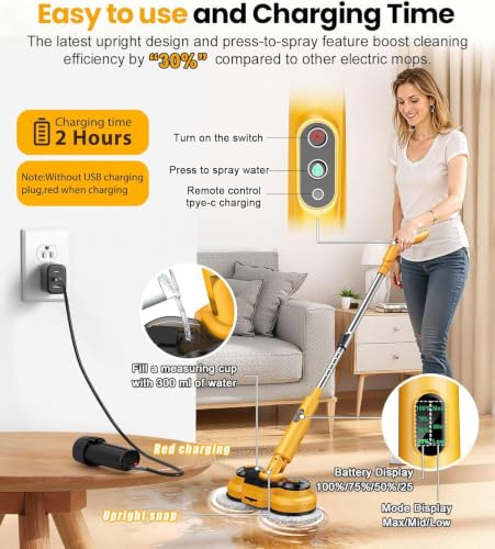 Electric Spin Mop M2 - 5000mAh Battery, 110-Minute Runtime, 800RPM Cordless Floor Cleaner - Yellow, 44.09-Inch Handle