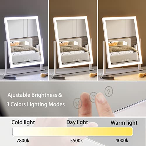 HIEEY Lighted Makeup Mirror, 17.3" x 13" Hollywood Vanity Mirror with Lights, Three Color Lighting Modes, and 5X Magnification Mirror, Smart Touch Control, 360¡ÆRotation (White,Gift Box)