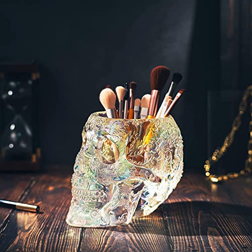 Iridescent Skull Makeup Brush Holder - Gothic Desk Organizer, Pen & Vanity Caddy