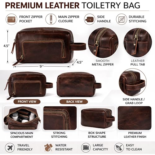 Leather Men's Toiletry Bag Dopp Kit Travel Organizer - Dark Chocolate Brown