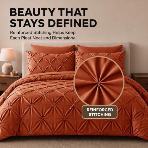 HIMEET King Size Burnt Orange Comforter Set 7 Pieces Pintuck Bed in a Bag
