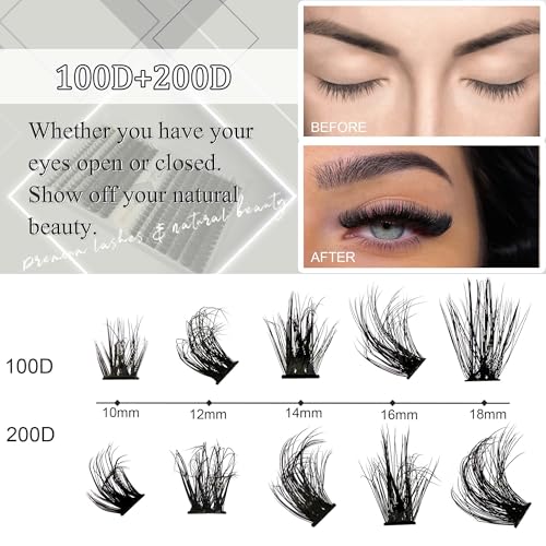Fluffy Lash Clusters WHYBRAW 100D 200D DIY Lash Extension Kit with Lash Bond Lash Seal Lash Remover Lash Applicator 280 Pcs Volume Cluster Eyelash Extension Thick Eyelash Extension 12-18mm