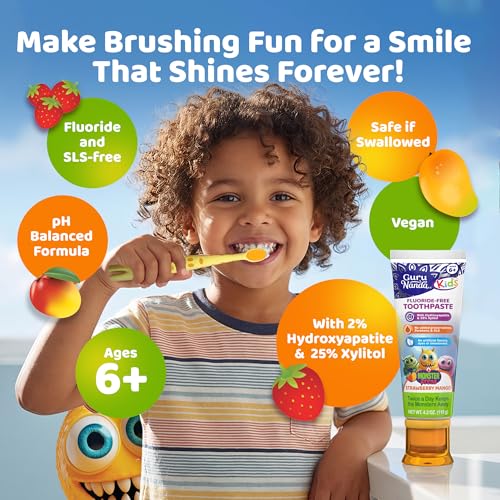 Kids Fluoride-Free Strawberry Mango Toothpaste with Hydroxyapatite & Xylitol - Pack of 6, 4.2 oz