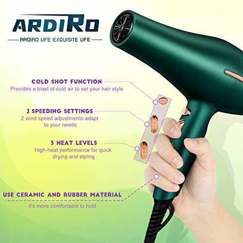 ARDIRO Green 2000W Ionic Hair Dryer - Professional Salon Blow Dryer with Diffuser & Low Noise