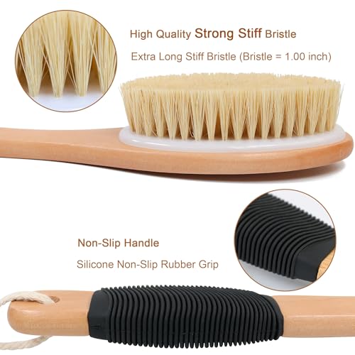 OWIIZI Extra Stiff Back Scrubber Brush for Shower - Long Wooden Handle Body Exfoliator