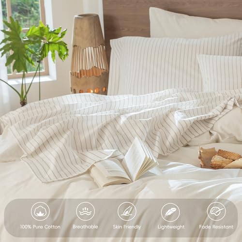 MooMee King Striped Washed Cotton Linen-Like Bed Sheet Set - Wide White & Tannish Grey