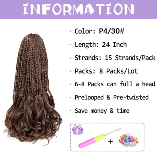 WOKAA French Curl Crochet Braids 24 Inch - 8 Pack Pre-Looped Goddess Box Braid Extensions with Curly Ends, Natural Look