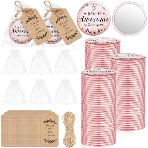 Tradder 100 Sets 2.76" Inspirational Compact Pocket Mirrors Bulk Galentines Appreciation Gifts Small Purse Makeup Mirrors Pink Souvenir Bags for Stuffer Items Women Quinceanera Employee (Awesome)