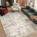 Grey Beige Washable Area Rug 8x10 for Living Room Vintage Print - Pet-Friendly