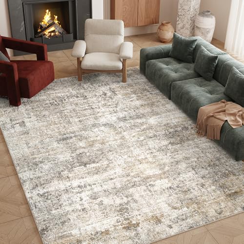 Grey Beige Washable Area Rug 8x10 for Living Room Vintage Print - Pet-Friendly