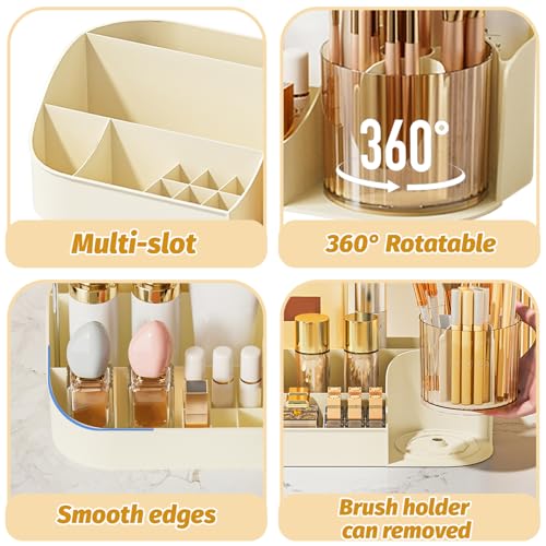 DASITON Cream 2-Tier Large Capacity Rotating Makeup Organizer with Brush Holder