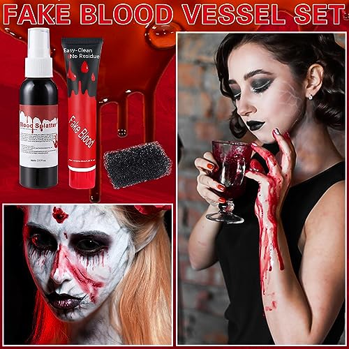 Fake Blood Spray 2.1oz(60 ml) Fake Blood Gel With Spong Washable Fake Blood Makeup for Clothes Face Body,Halloween Special Effects Clown Cosplay Vampire Zombie Makeup Kit
