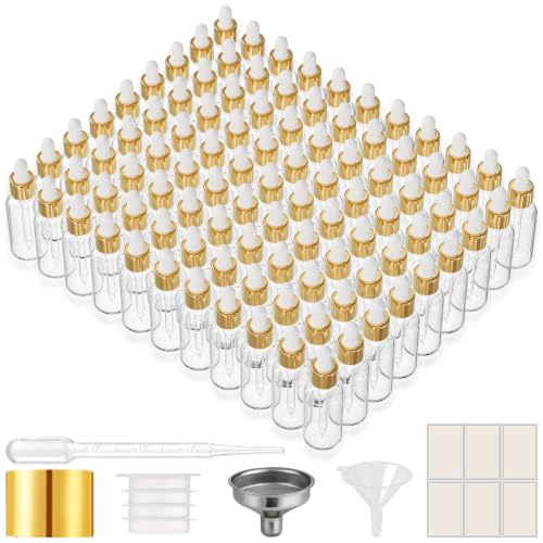 1oz Clear Glass Dropper Bottles Bulk Pack of 99 with Leakproof Gold Caps – Essential Oils, DIY Serums, Storage