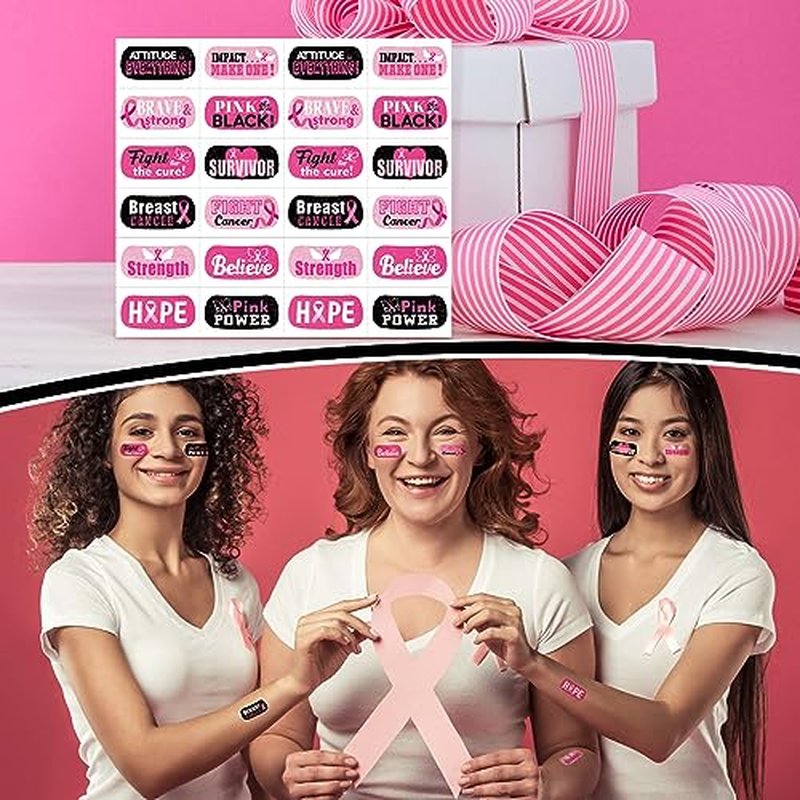 Landhoow 240 Pcs Pink Ribbon Breast Cancer Awareness Face Tattoos Stickers Bulk Ribbon Temporary Tattoo Glitter Eye Body Tattoo Stickers and Decals for Cancer Awareness Party Supply