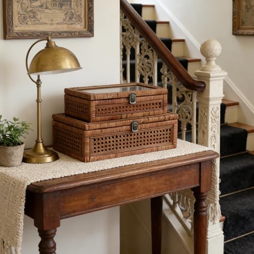 14.1 x 8.2 x 5.1 Inch Rattan and Cane Stacking Storage Boxes Set of 2 - Rustic Brown