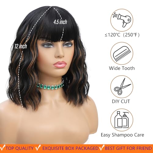 Black Highlights Brown Wig with Bangs - 12-Inch Short Wavy Curly Bob Hair