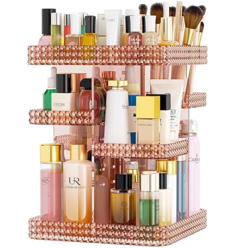 Famitree Pink Rotating Makeup Organizer with 6 Adjustable Layers - 360° Spin Vanity Storage