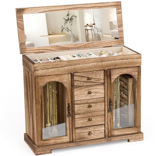 Miratino Bronze Wooden Jewelry Box for Women Girls - 5 Layer Organizer with Mirror