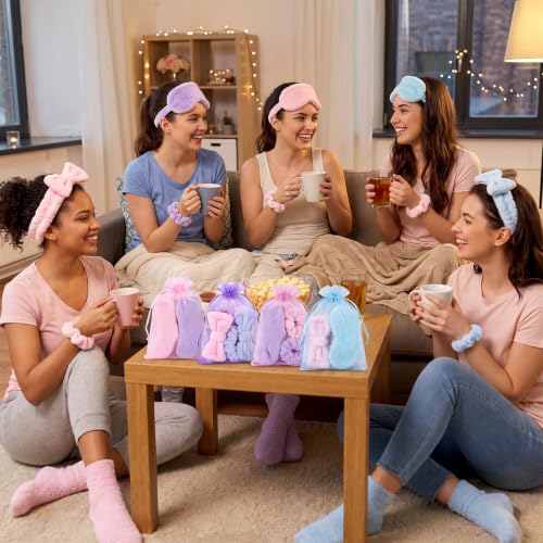 Wavyknot 30 Pcs Spa Party Favors Set with Headbands, Eye Masks, Socks & Organza Bags - Pink, Blue, Purple